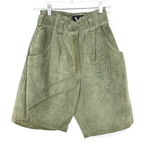 Ethnix Suede Leather Shorts Womens Size 0 High Waist Pleated Green Made in USA
